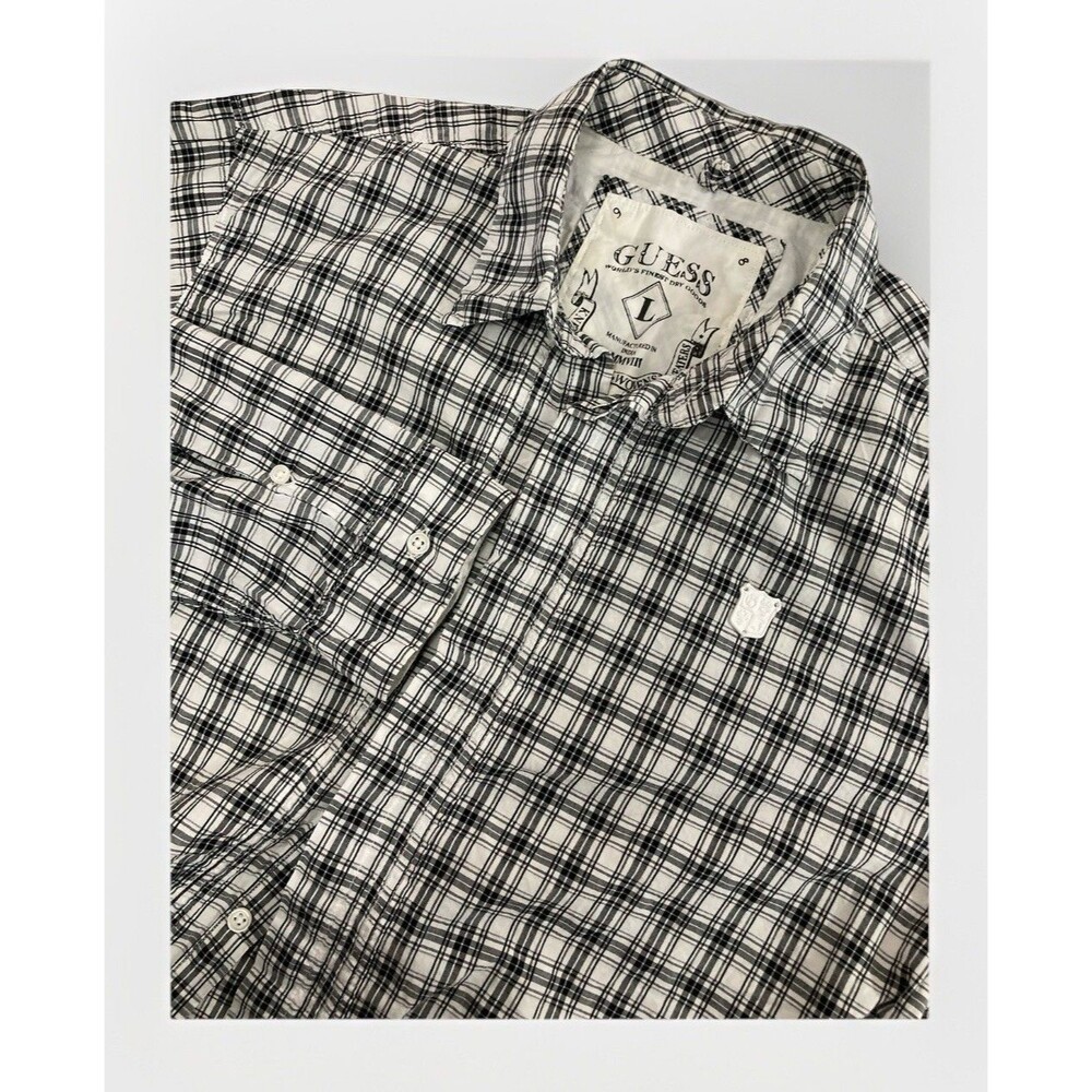 GUESS Men's M Black Plaid Damask Print Button Up Shirt Logo Cotton Designer LS